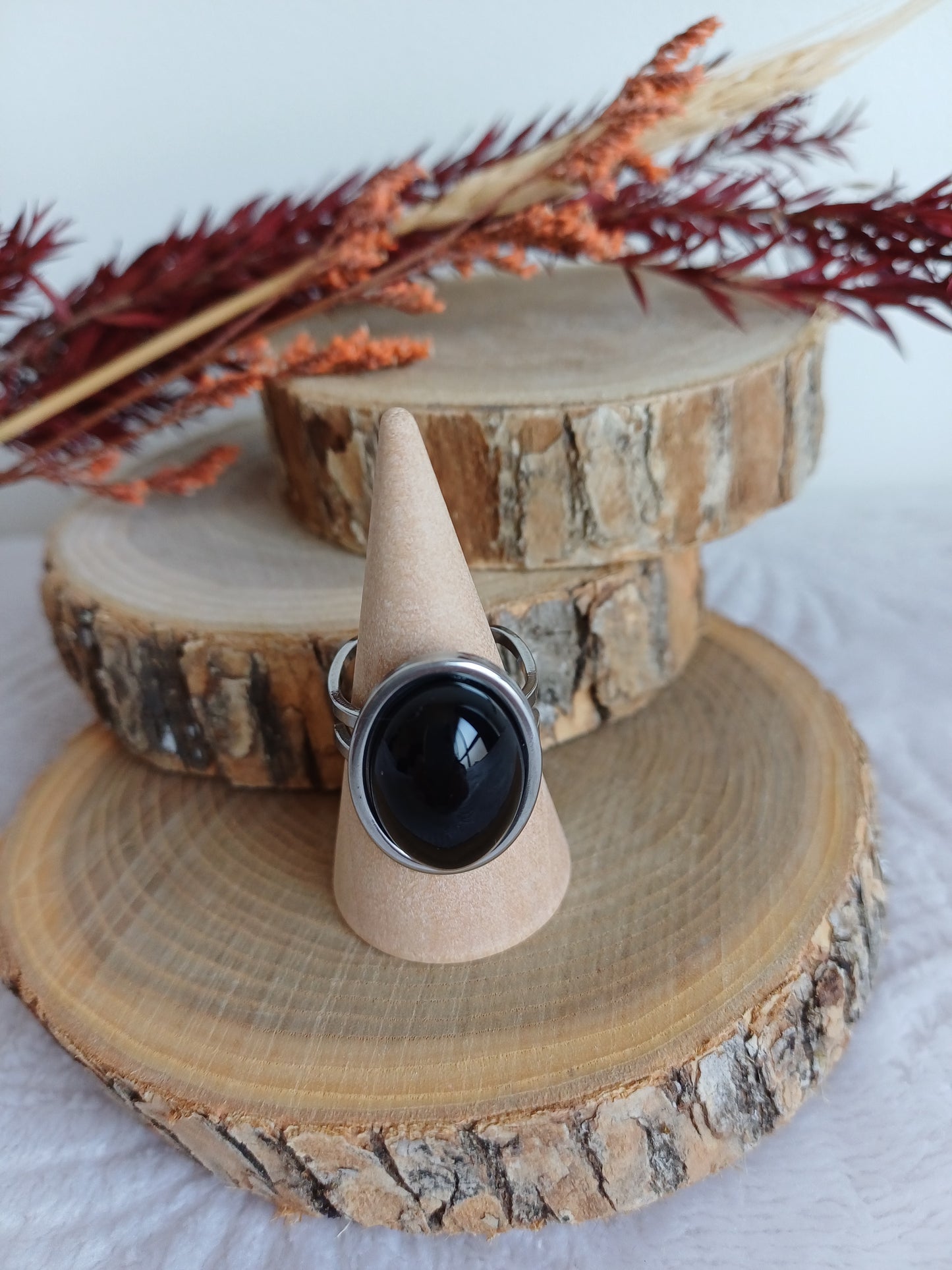 Bague Ovale Réglable Onyx en Acier Inoxydable