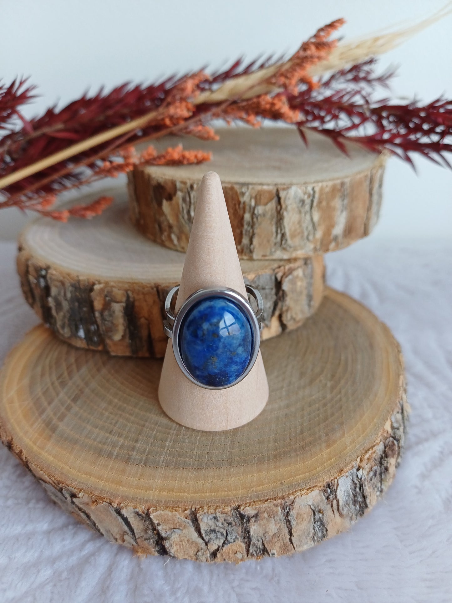 Bague Ovale Réglable Lapis Lazuli en Acier Inoxydable