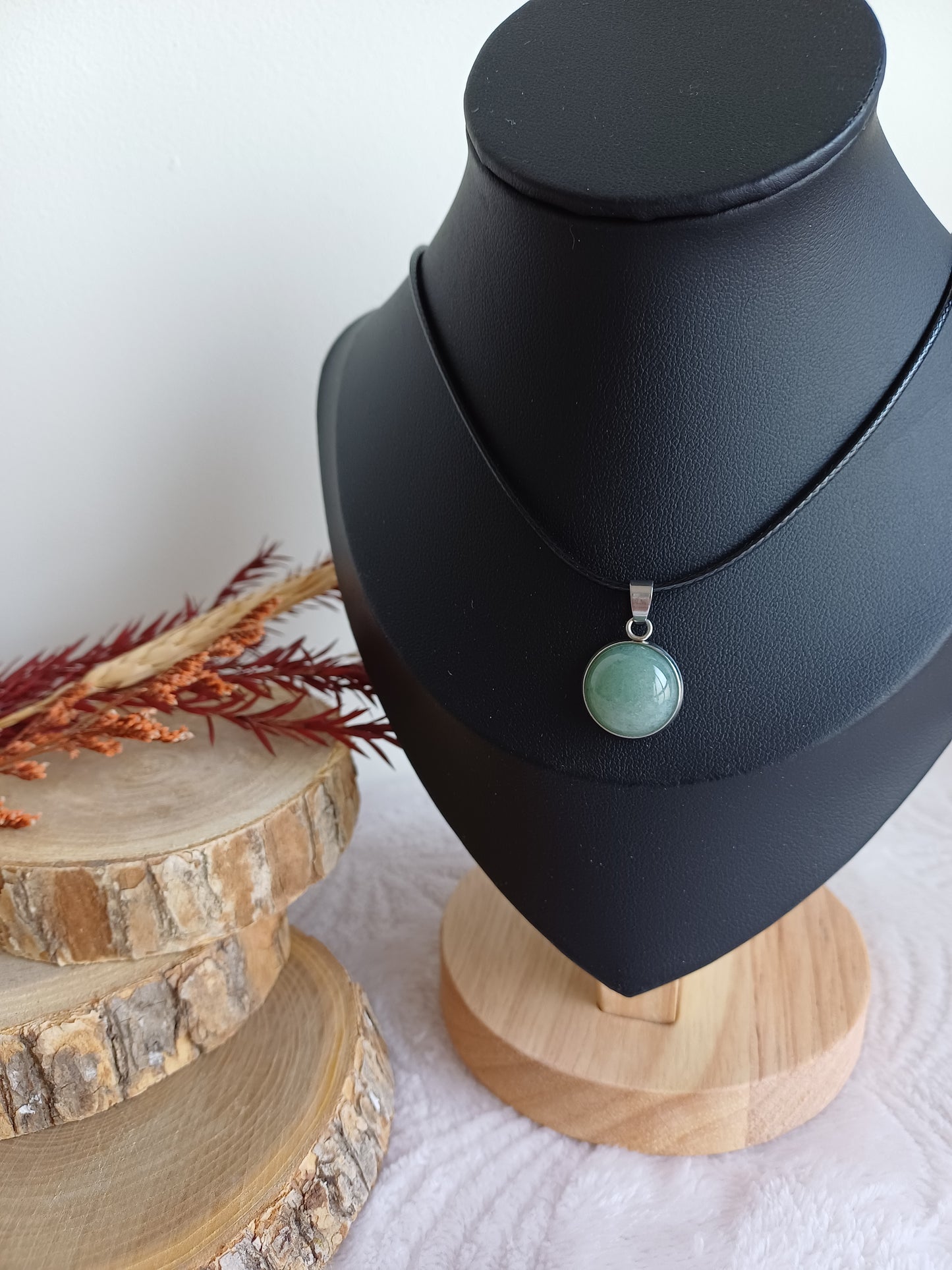 Pendentif Rond Aventurine verte en Acier Inoxydable