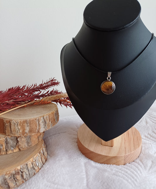 Pendentif Rond Œil de Tigre et Acier Inoxydable