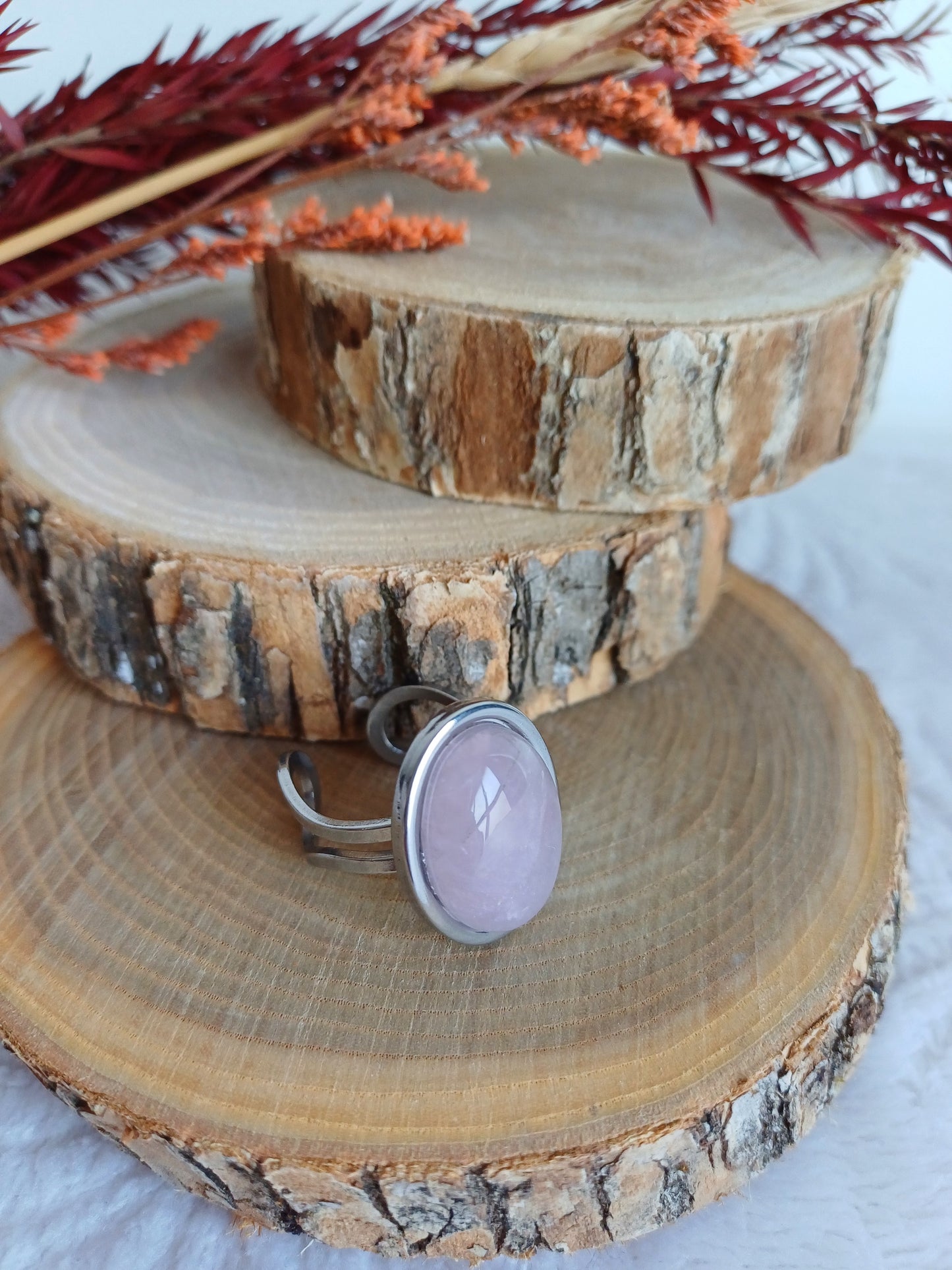 Bague Ovale Réglable Quartz Rose en Acier Inoxydable