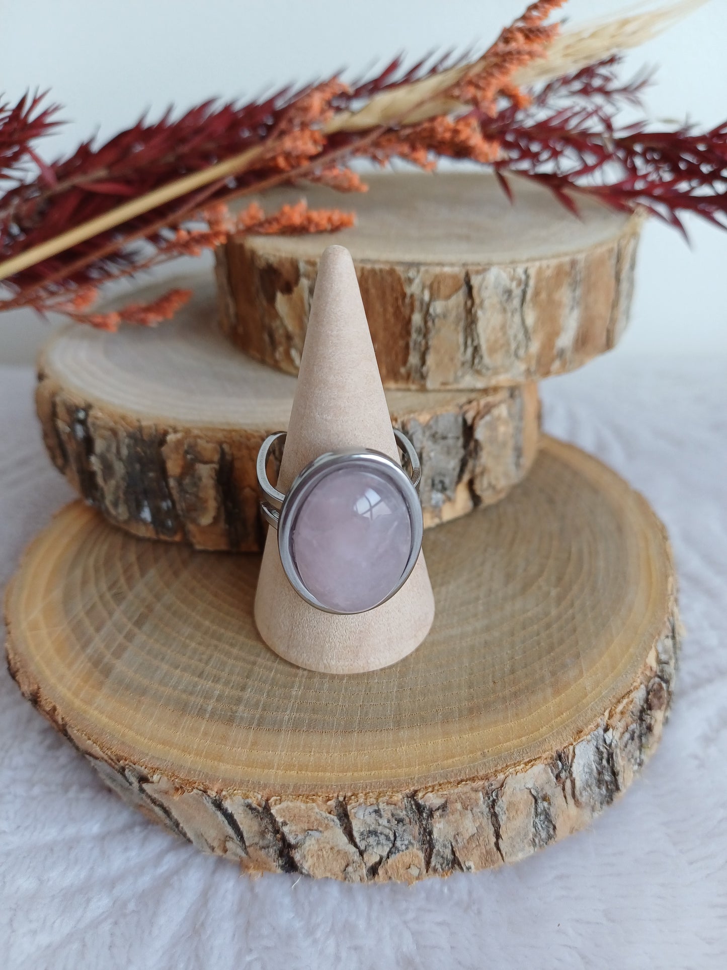 Bague Ovale Réglable Quartz Rose en Acier Inoxydable