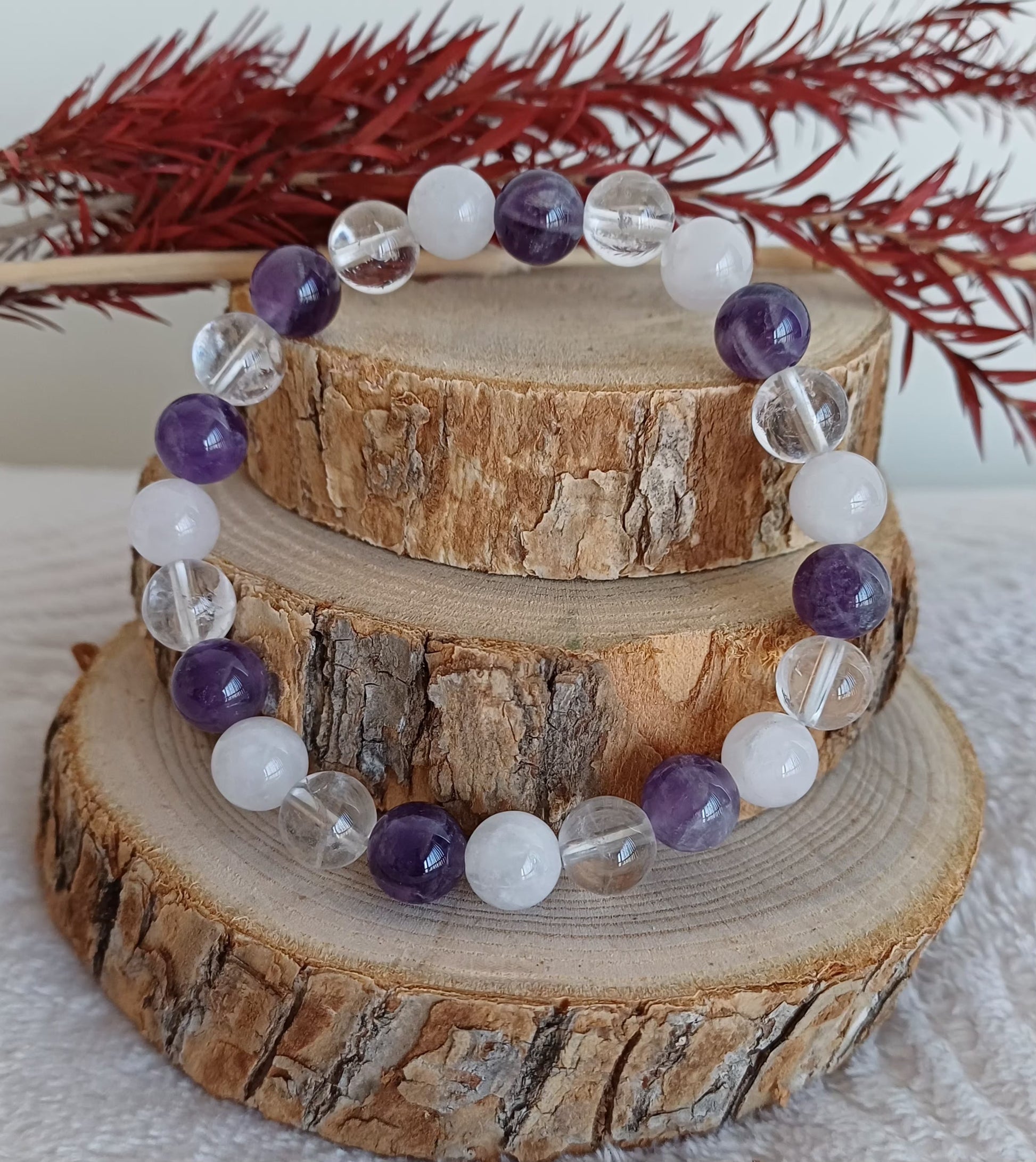 Bracelet Quartz Rose, Cristal de Roche et Améthyste 8mm Perla Terra
